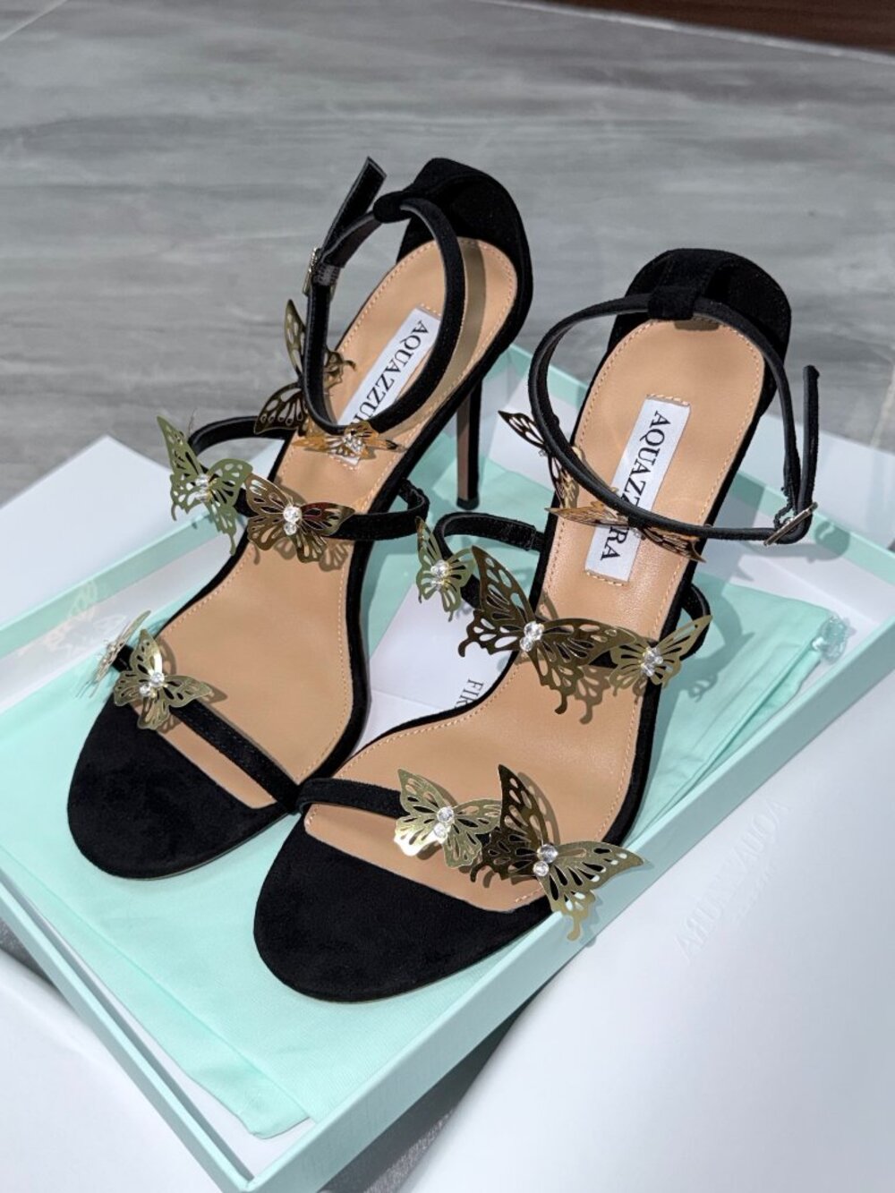 Aquazzura Papillon Sauvage 105 Butterfly Suede Heels Black EU 38